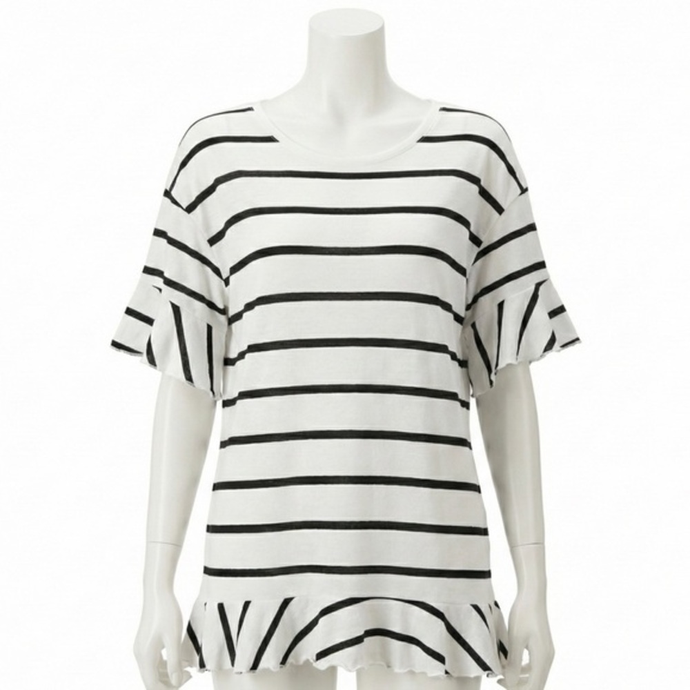 Chaser Striped Split Back Ruffle Top Casual Boho Short Sleeve Knit Tee White Med
